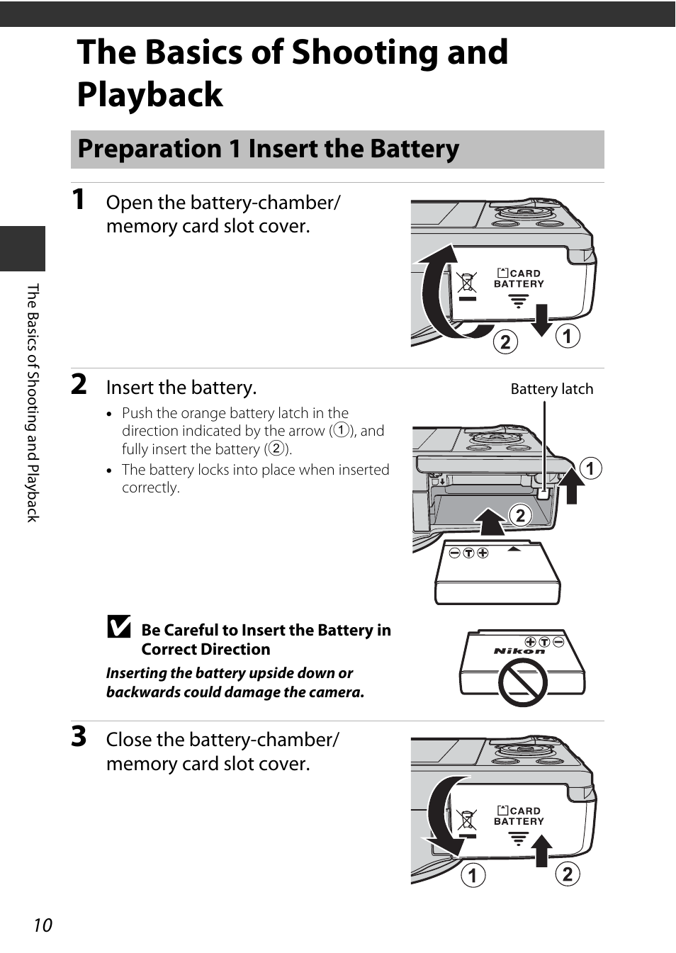 The basics of shooting and playback, Preparation 1 insert the battery, E “the basics of shooting and playback | A10) | Nikon S9700 User Manual | Page 34 / 262