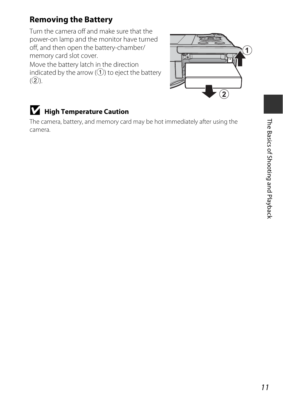 Removing the battery | Nikon S9700 User Manual | Page 35 / 262