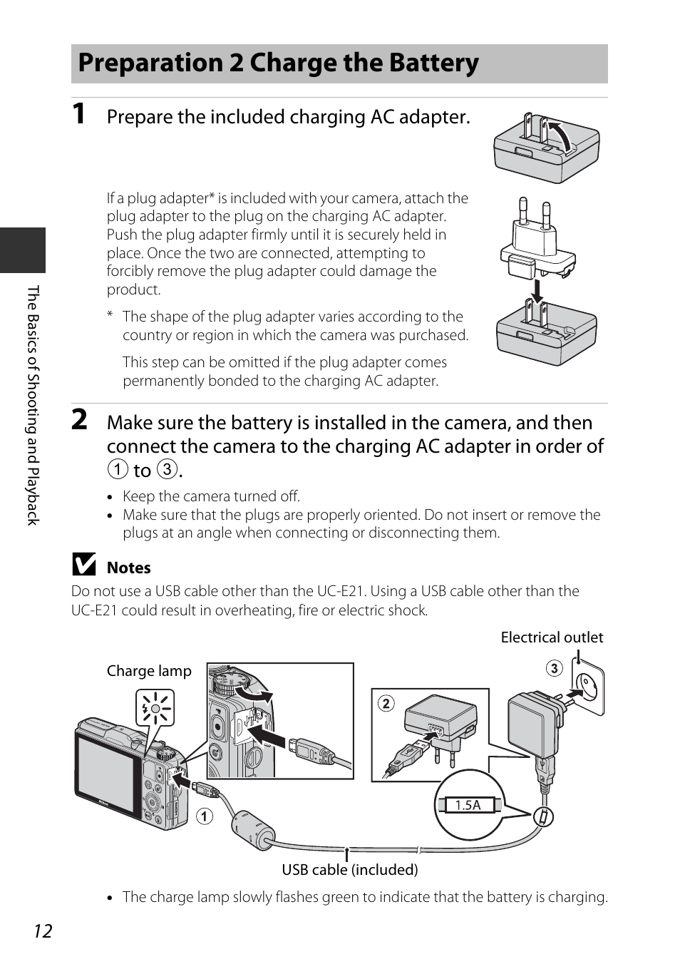 Preparation 2 charge the battery, Prepare the included charging ac adapter | Nikon S9700 User Manual | Page 36 / 262