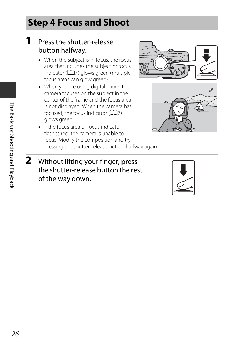 Step 4 focus and shoot, Press the shutter-release button halfway | Nikon S9700 User Manual | Page 50 / 262