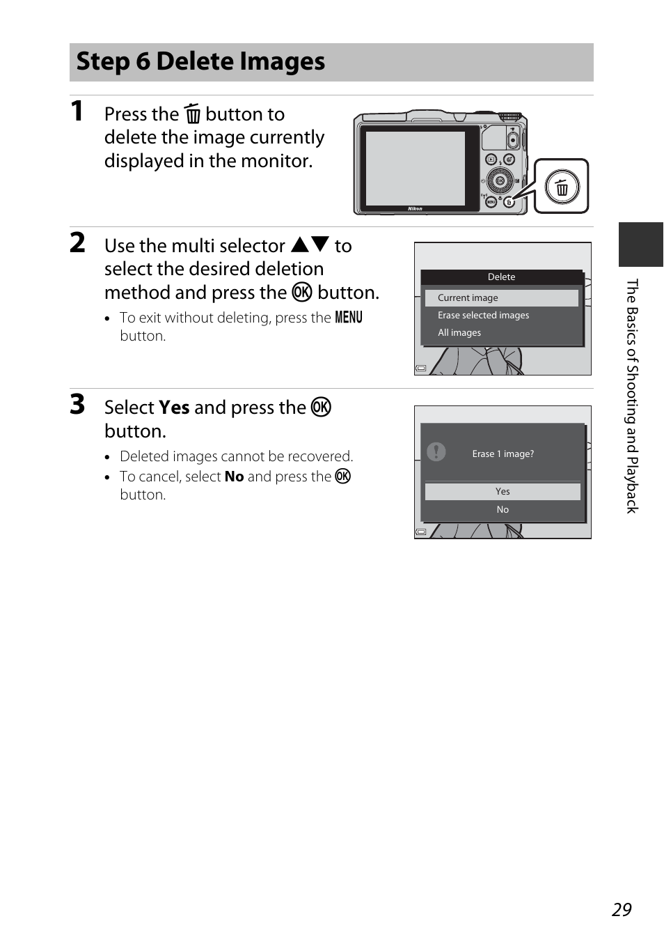 Step 6 delete images, Select yes and press the k button | Nikon S9700 User Manual | Page 53 / 262