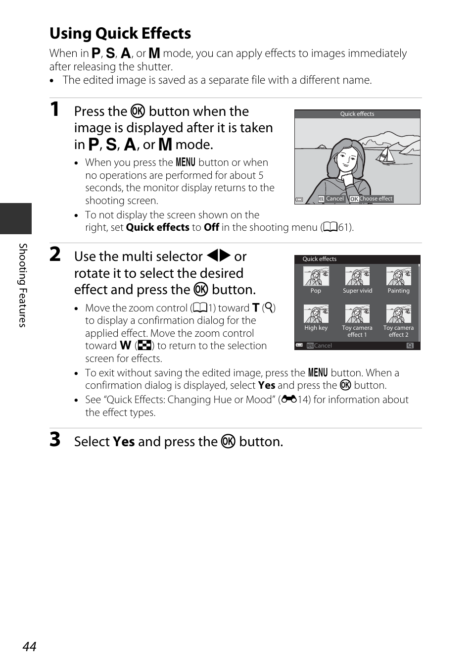 Using quick effects, Select yes and press the k button | Nikon S9700 User Manual | Page 68 / 262