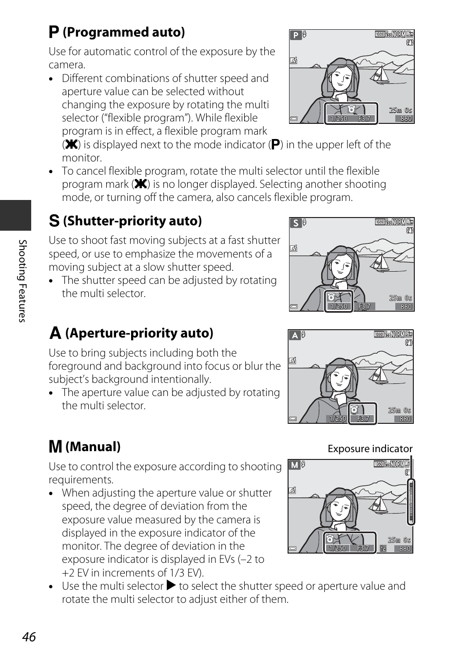 Auto, A46), J (programmed auto) | K (shutter-priority auto), L (aperture-priority auto), M (manual) | Nikon S9700 User Manual | Page 70 / 262