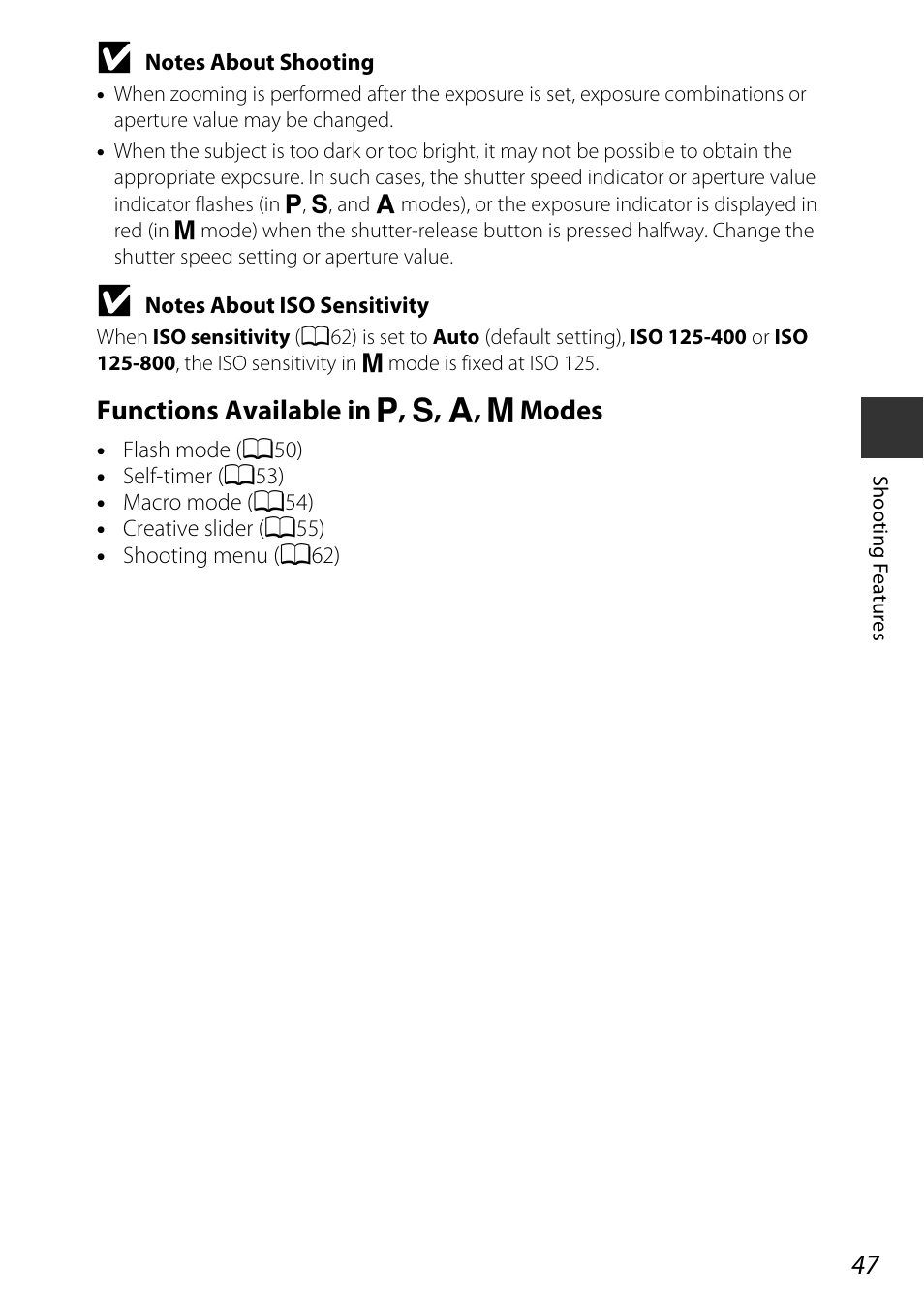 Functions available in j , k , l , m modes | Nikon S9700 User Manual | Page 71 / 262