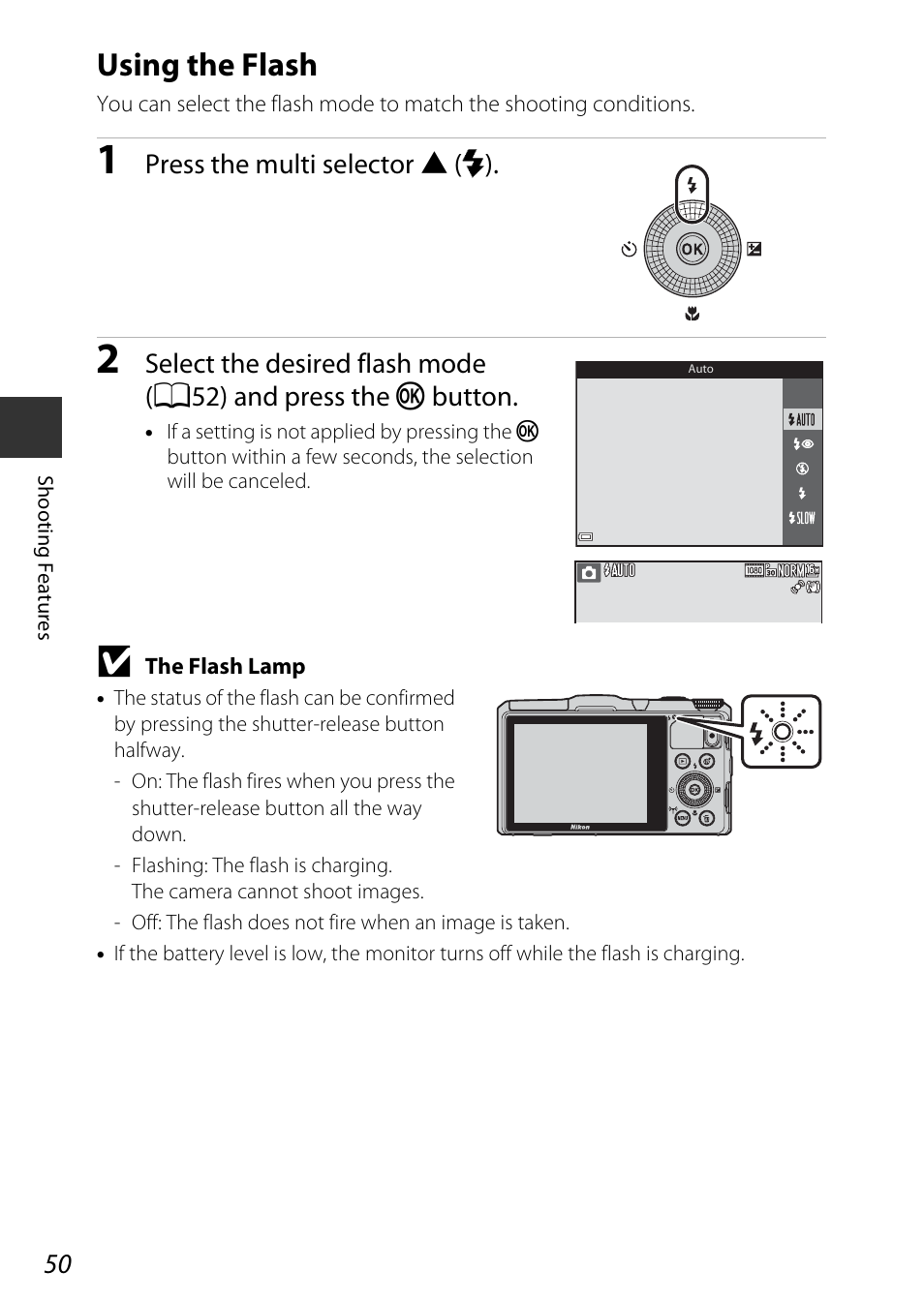 Using the flash, Flash mode (a50), A50) | Nikon S9700 User Manual | Page 74 / 262