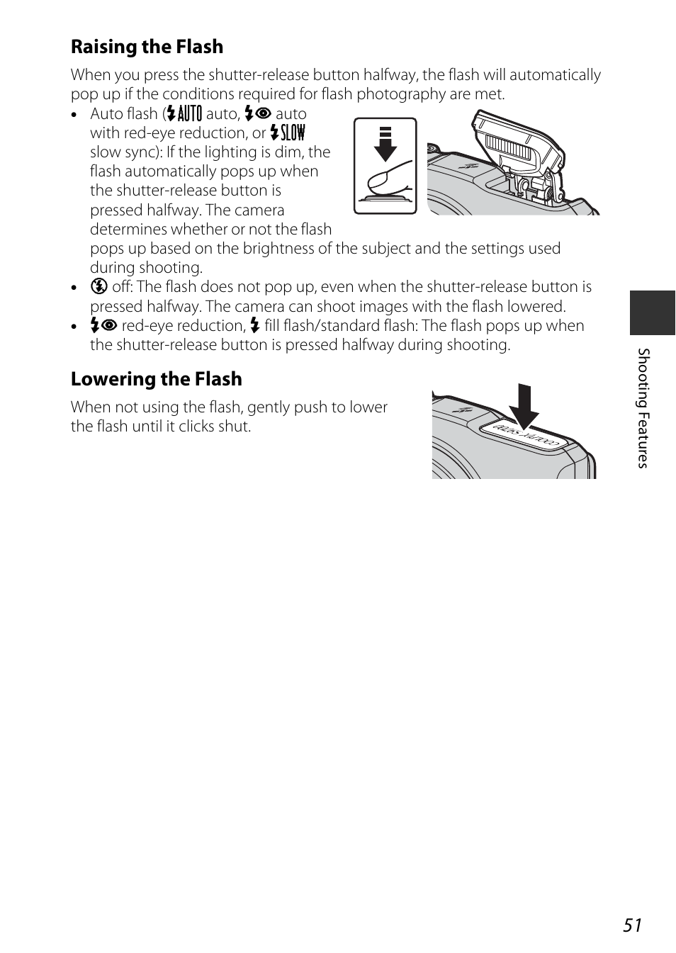 Raising the flash, Lowering the flash | Nikon S9700 User Manual | Page 75 / 262