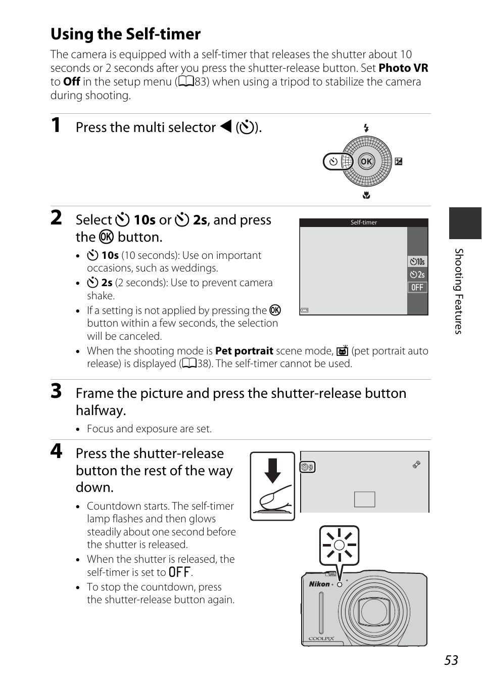 Using the self-timer, A53) | Nikon S9700 User Manual | Page 77 / 262