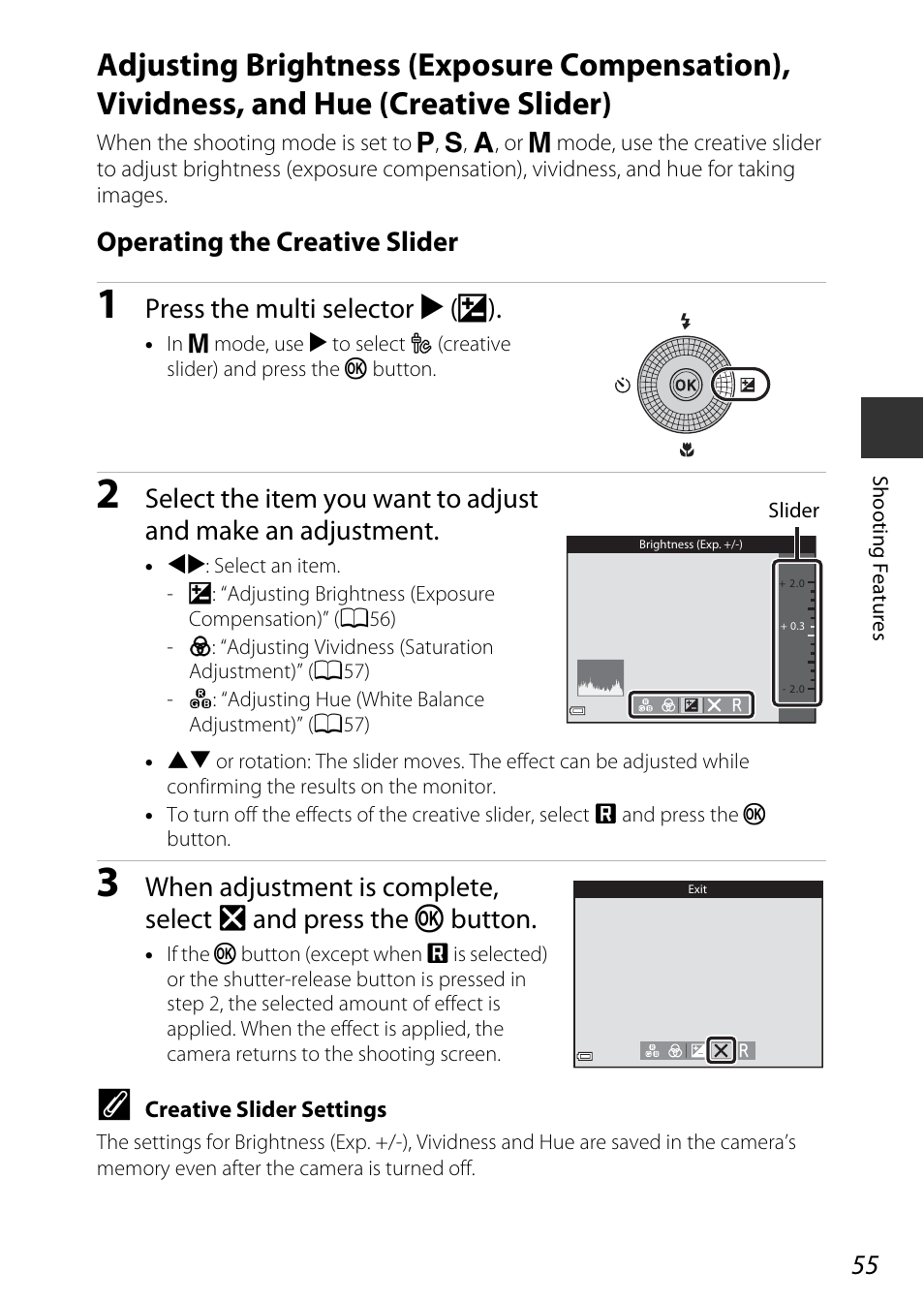 A55), Operating the creative slider, Press the multi selector k (o) | Nikon S9700 User Manual | Page 79 / 262