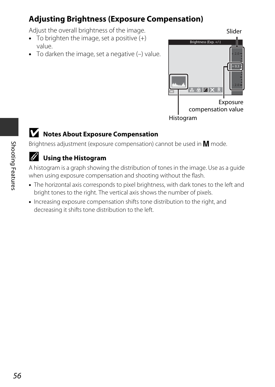 Adjusting brightness (exposure compensation), A56) | Nikon S9700 User Manual | Page 80 / 262