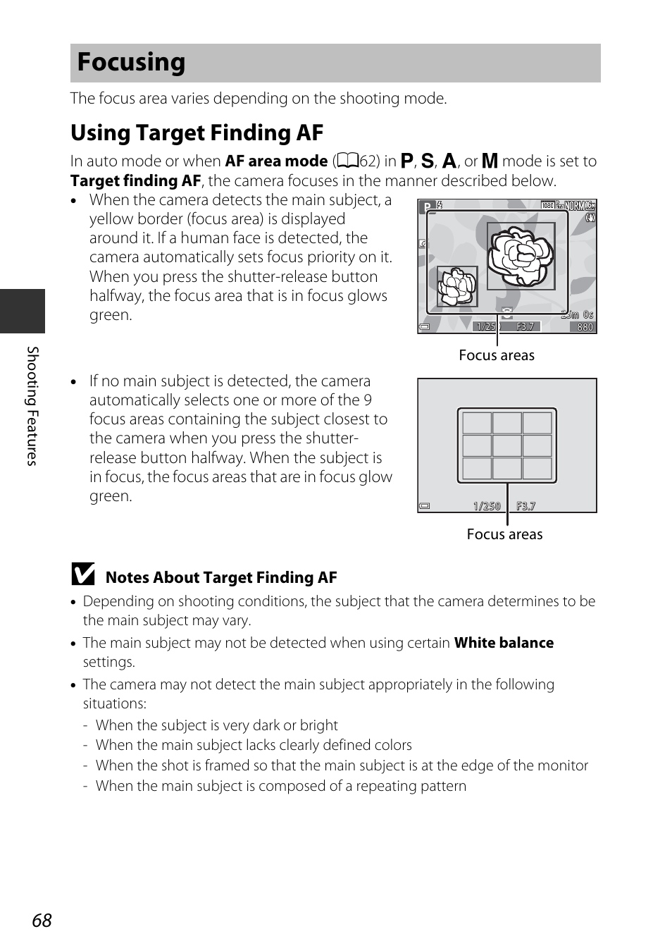 Focusing, Using target finding af, A68)) | A68) | Nikon S9700 User Manual | Page 92 / 262