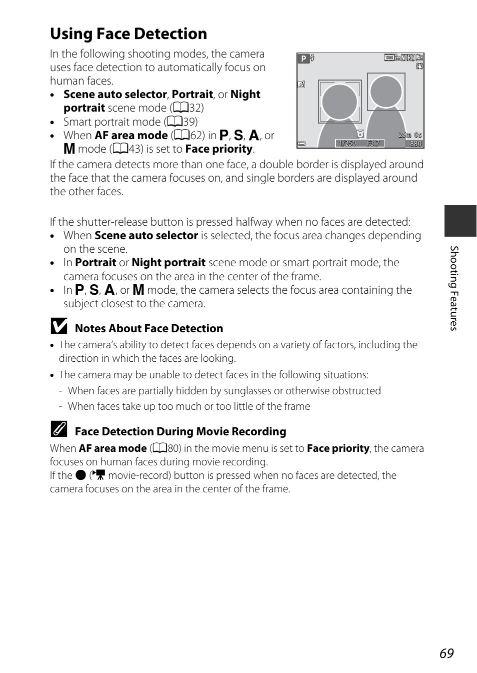 Using face detection, A69) | Nikon S9700 User Manual | Page 93 / 262