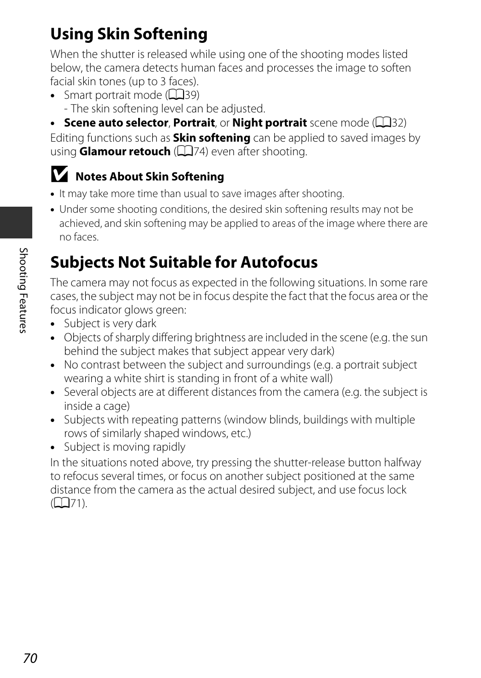 Using skin softening, Subjects not suitable for autofocus | Nikon S9700 User Manual | Page 94 / 262