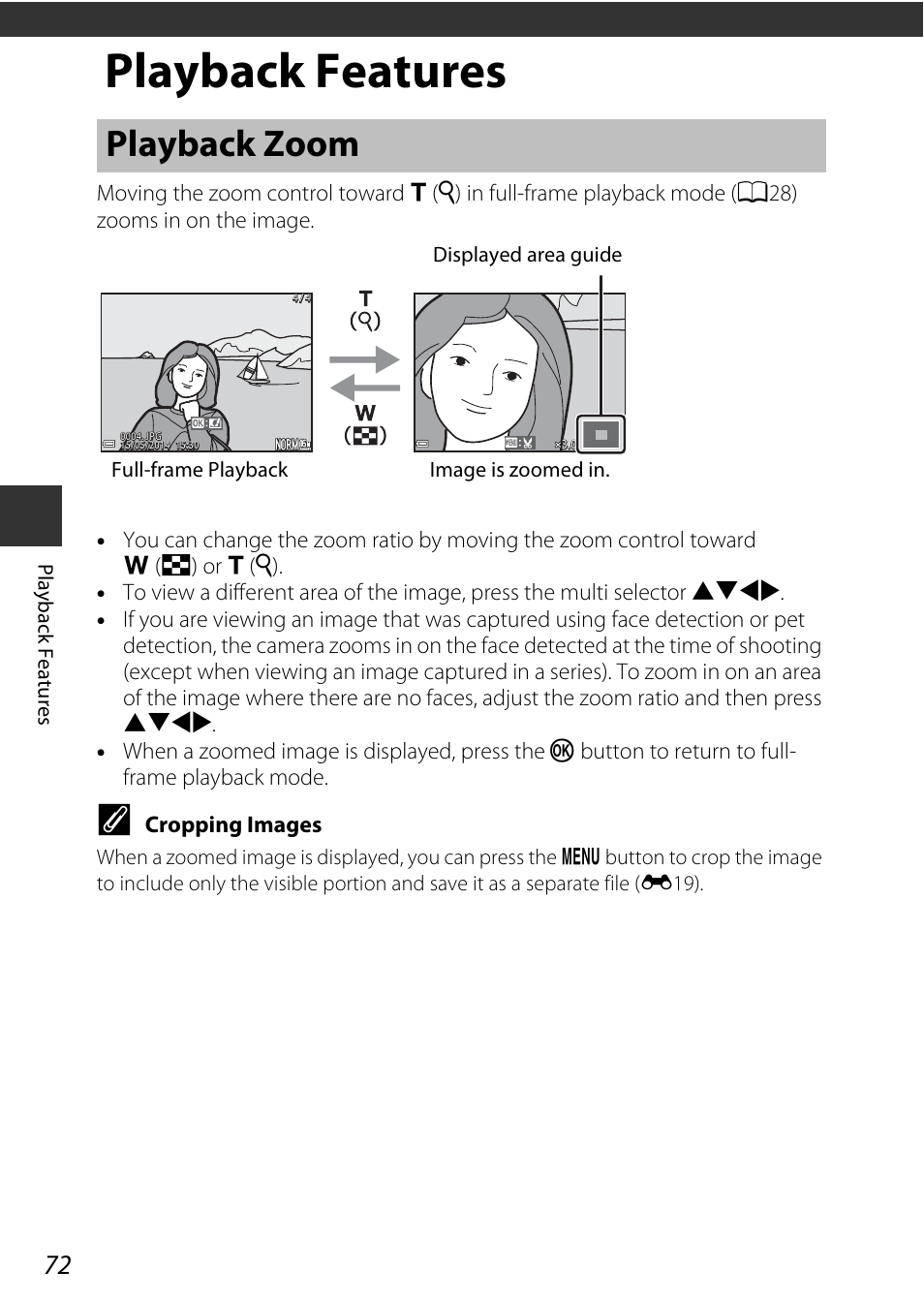 Playback features, Playback zoom | Nikon S9700 User Manual | Page 96 / 262