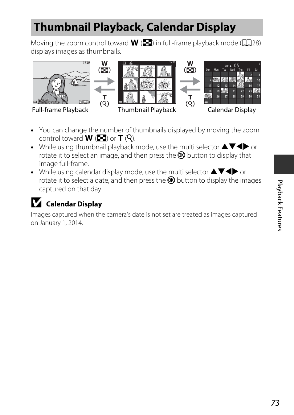 Thumbnail playback, calendar display, Calendar display, Playbac k features | Nikon S9700 User Manual | Page 97 / 262