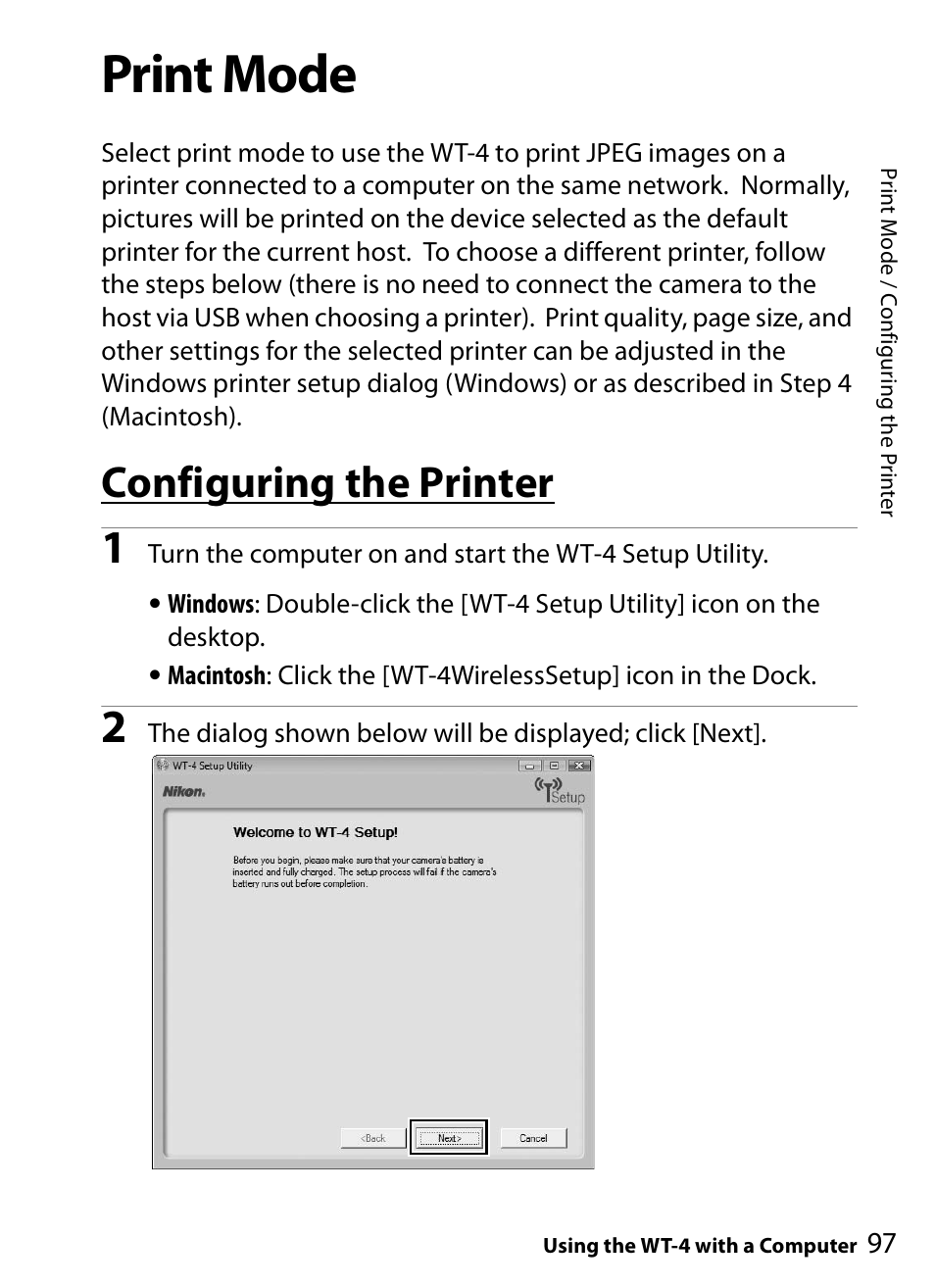 Print mode, Configuring the printer | Nikon WT-4A D4 D3X D3 D800 D700 D300S D300 User Manual | Page 109 / 199
