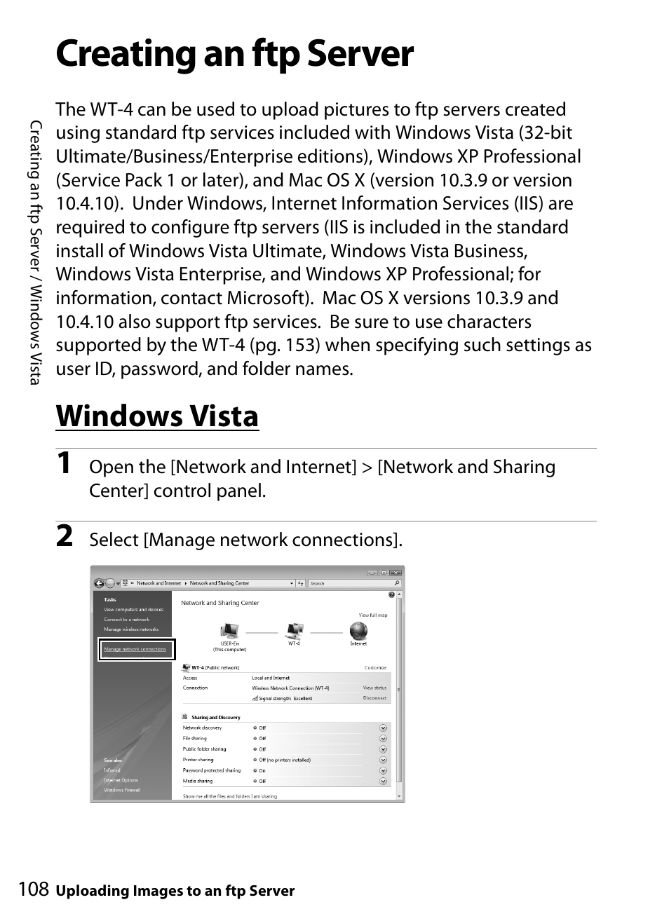 Creating an ftp server, Windows vista | Nikon WT-4A D4 D3X D3 D800 D700 D300S D300 User Manual | Page 120 / 199