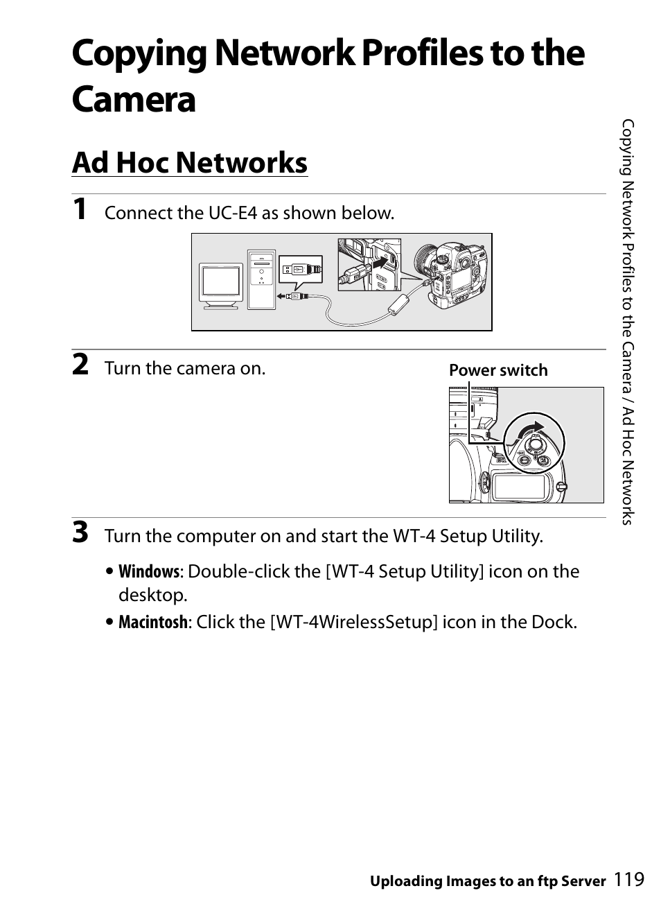 Copying network profiles to the camera, Ad hoc networks | Nikon WT-4A D4 D3X D3 D800 D700 D300S D300 User Manual | Page 131 / 199