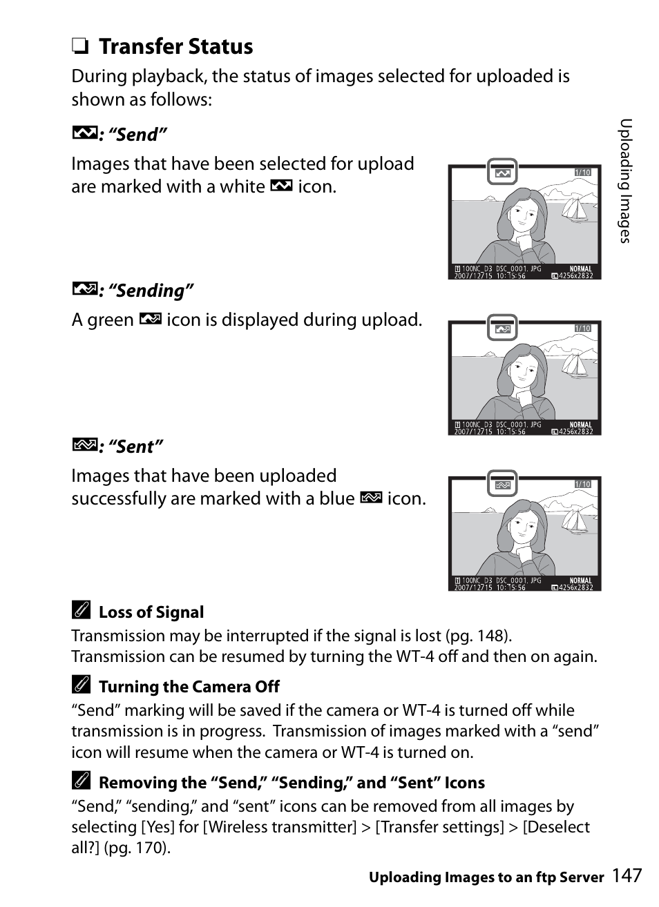 Transfer status | Nikon WT-4A D4 D3X D3 D800 D700 D300S D300 User Manual | Page 159 / 199