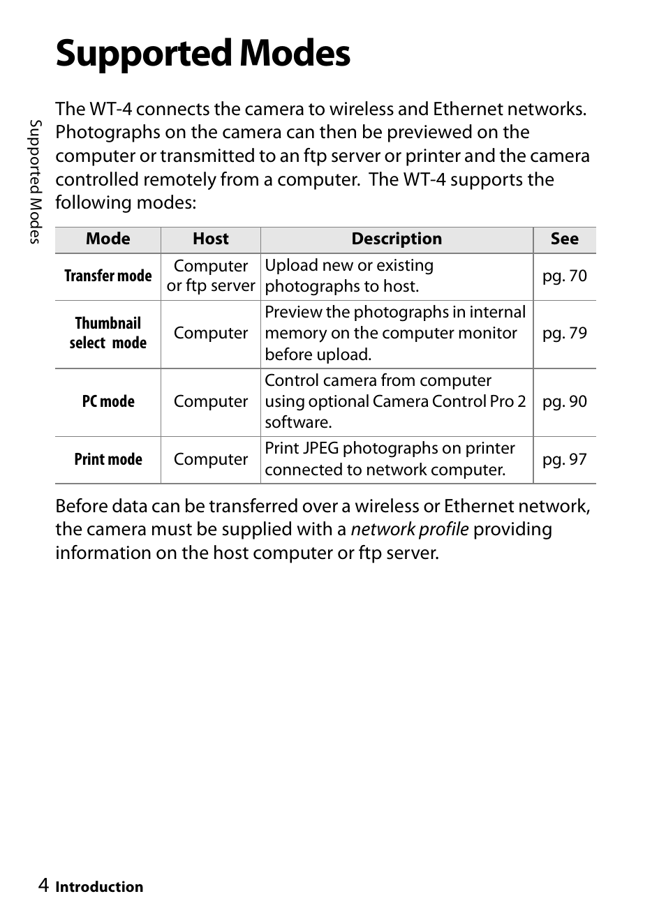 Supported modes | Nikon WT-4A D4 D3X D3 D800 D700 D300S D300 User Manual | Page 16 / 199