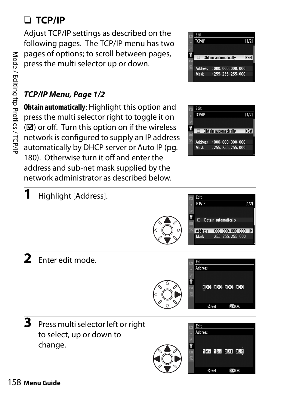 Tcp/ip | Nikon WT-4A D4 D3X D3 D800 D700 D300S D300 User Manual | Page 170 / 199