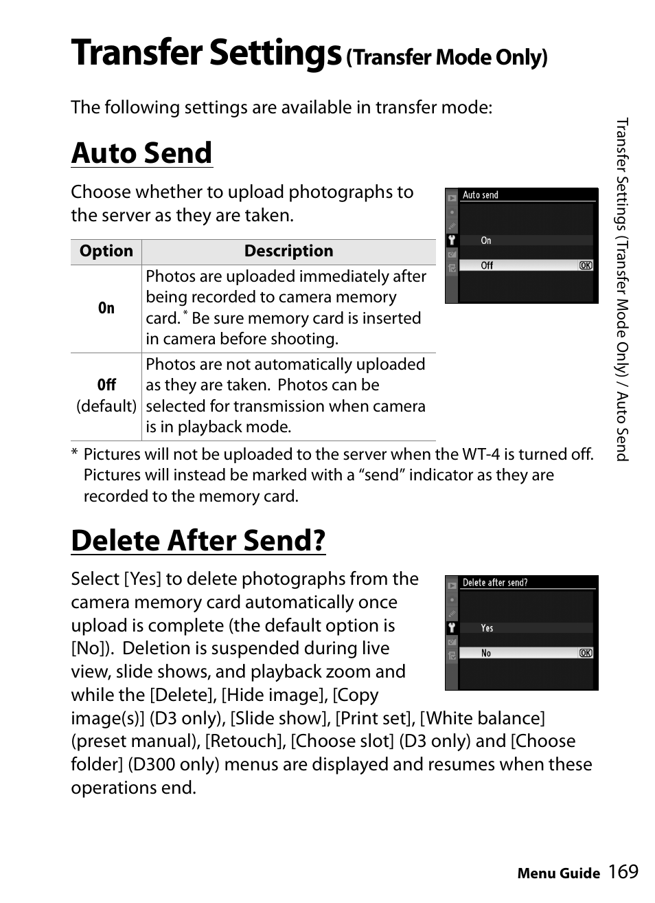 Transfer settings (transfer mode only), Auto send, Delete after send | Transfer settings, Transfer mode only) | Nikon WT-4A D4 D3X D3 D800 D700 D300S D300 User Manual | Page 181 / 199