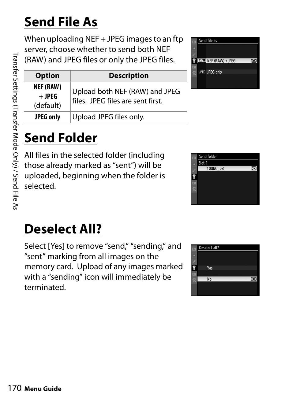 Send file as, Send folder, Deselect all | Nikon WT-4A D4 D3X D3 D800 D700 D300S D300 User Manual | Page 182 / 199