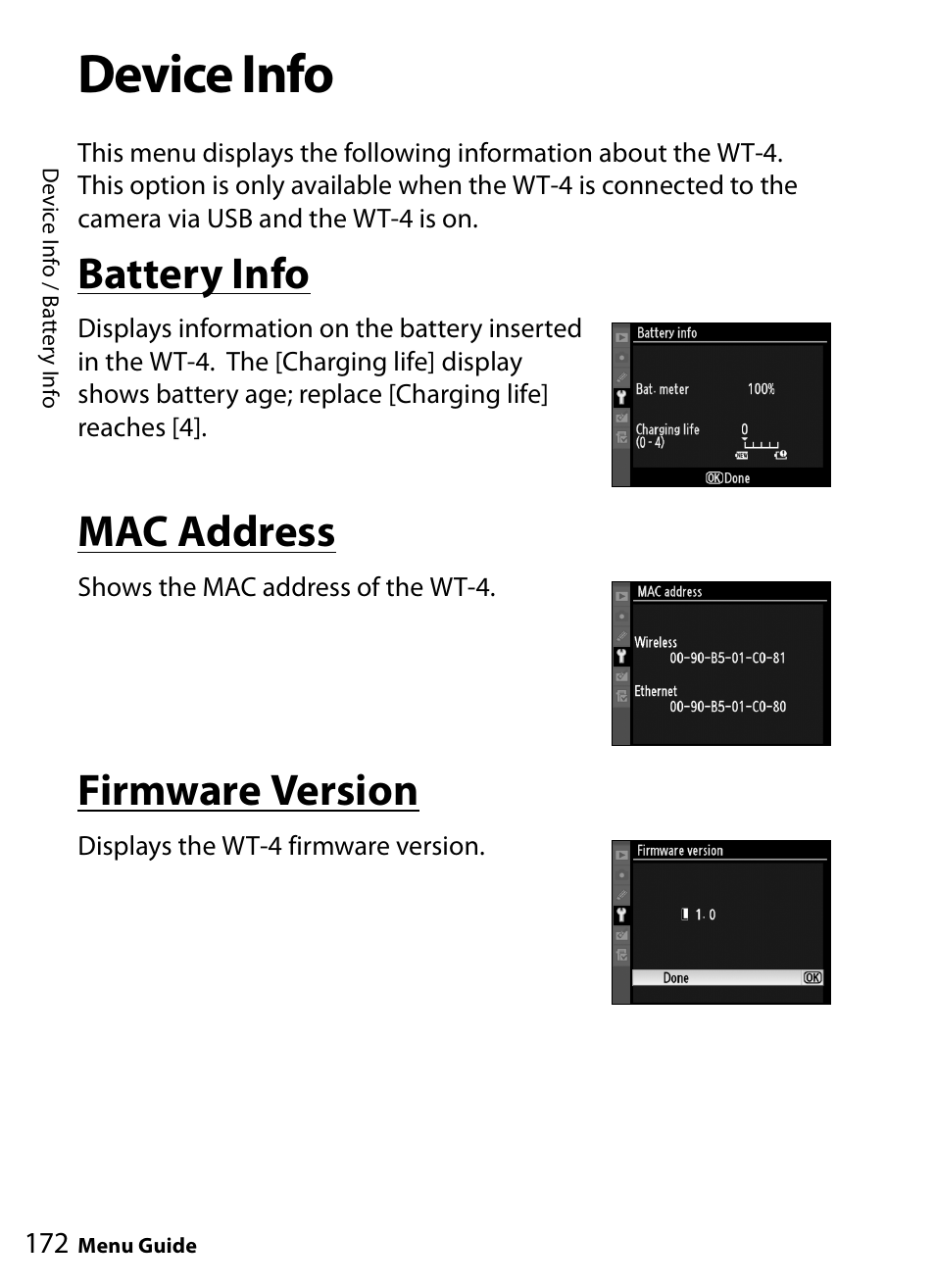 Device info, Battery info, Mac address | Firmware version | Nikon WT-4A D4 D3X D3 D800 D700 D300S D300 User Manual | Page 184 / 199