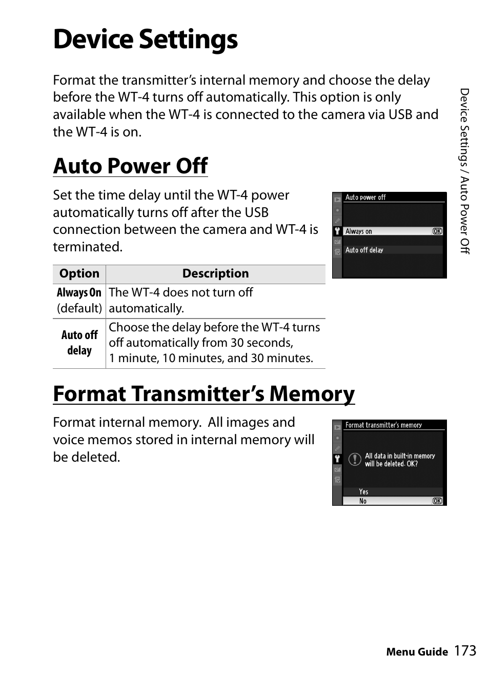Device settings, Auto power off, Format transmitter's memory | Nikon WT-4A D4 D3X D3 D800 D700 D300S D300 User Manual | Page 185 / 199
