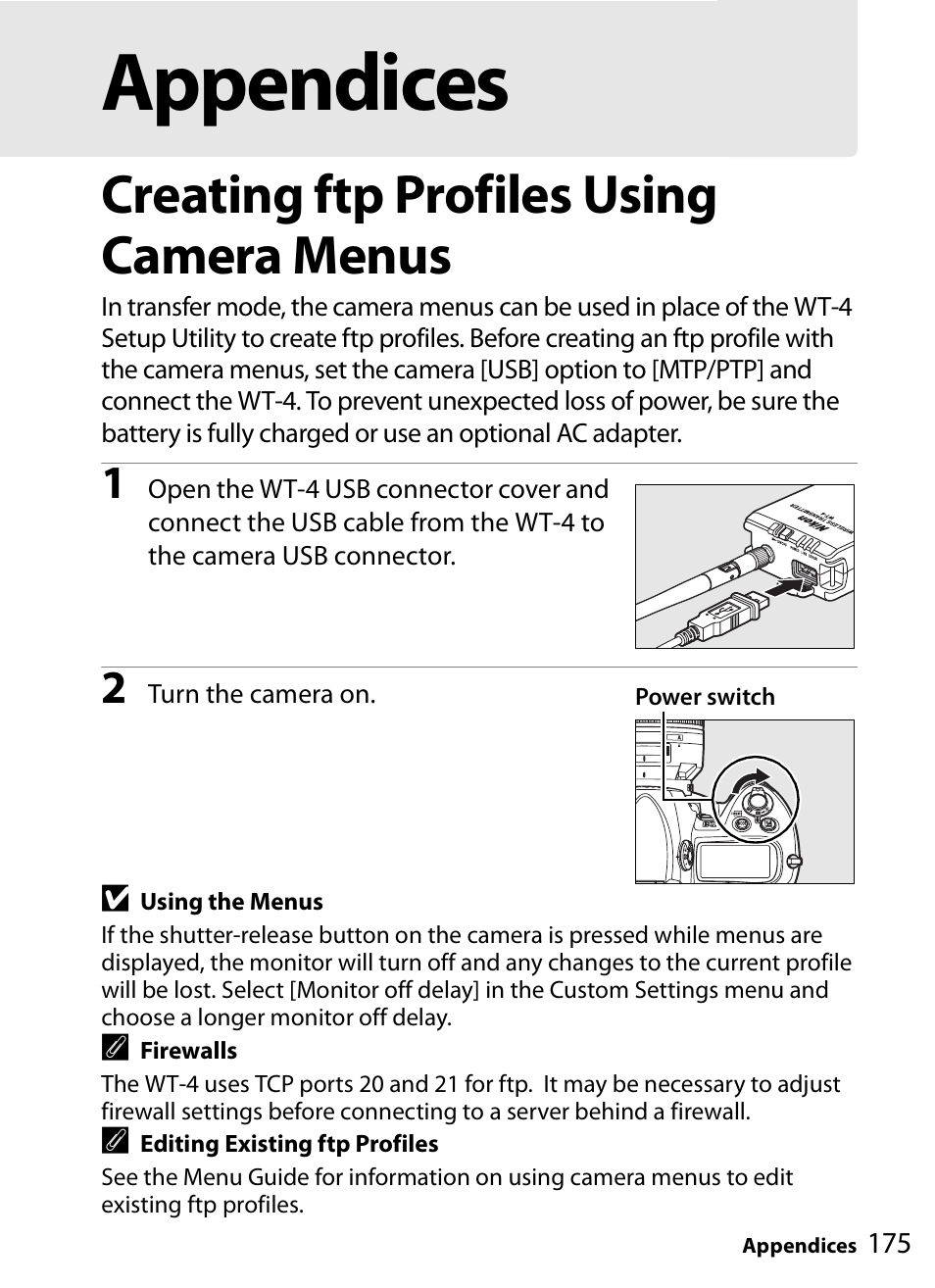 Appendices, Creating ftp profiles using camera menus | Nikon WT-4A D4 D3X D3 D800 D700 D300S D300 User Manual | Page 187 / 199