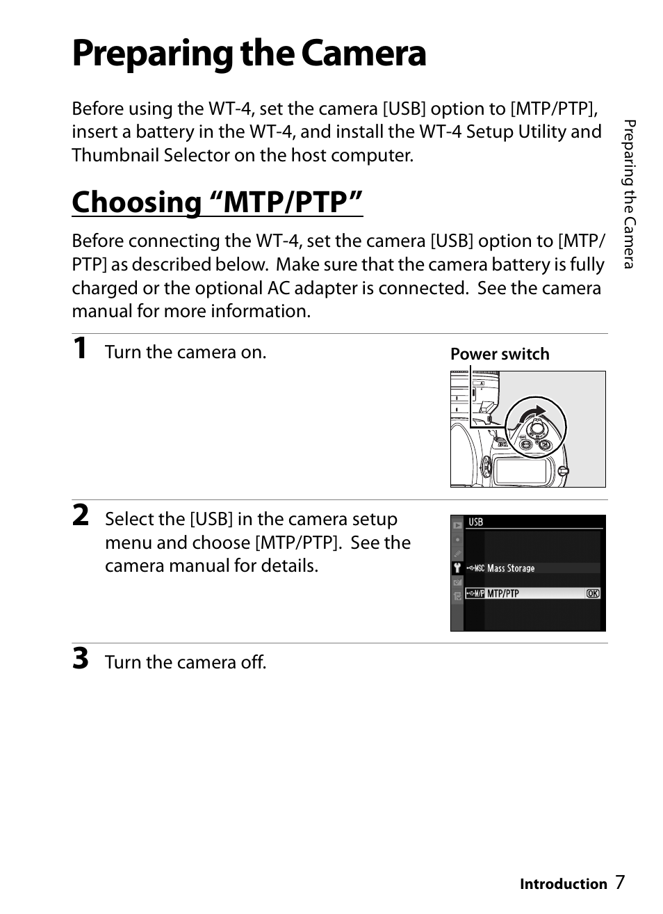 Preparing the camera, Choosing “mtp/ptp | Nikon WT-4A D4 D3X D3 D800 D700 D300S D300 User Manual | Page 19 / 199