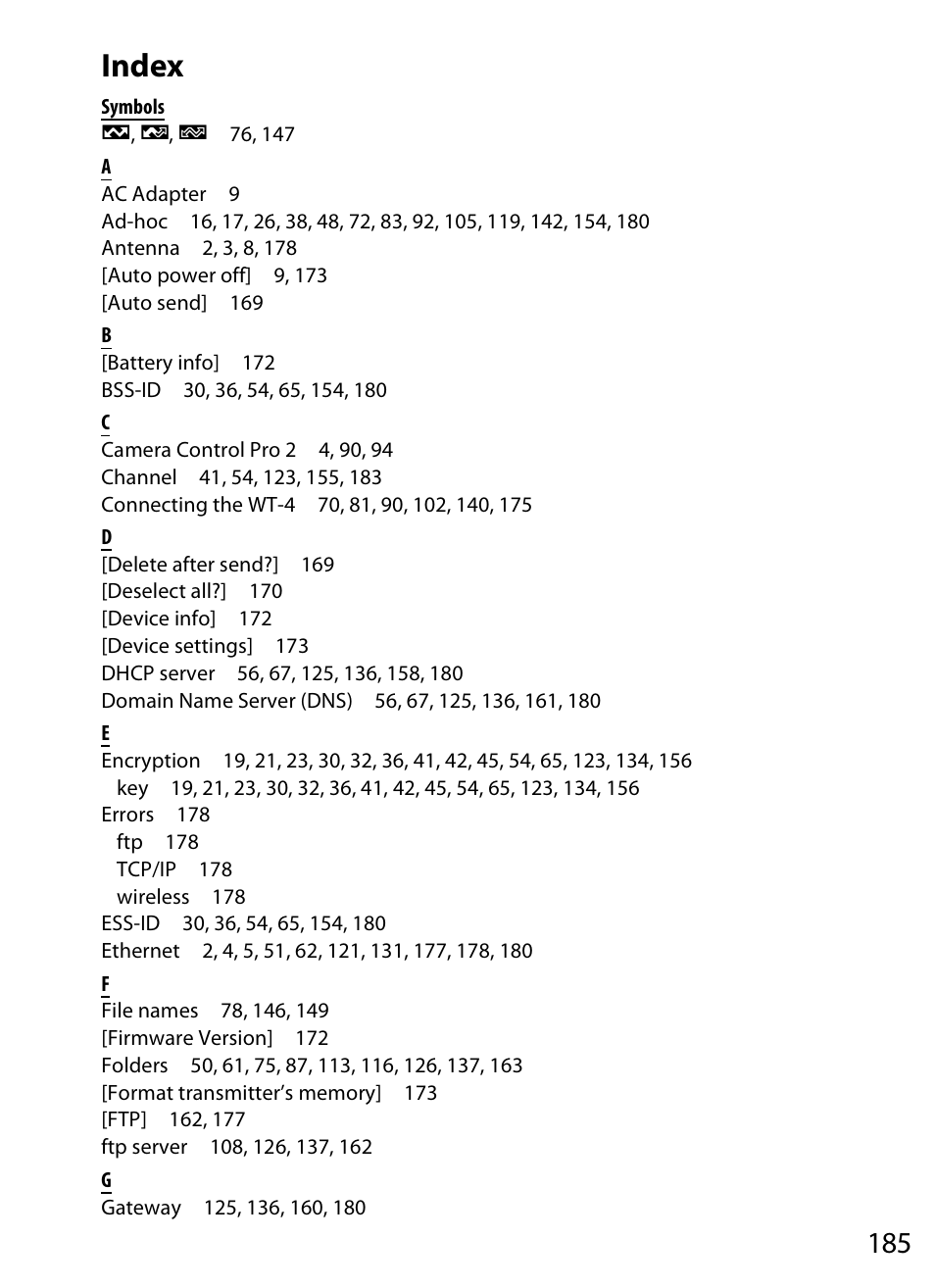 Index | Nikon WT-4A D4 D3X D3 D800 D700 D300S D300 User Manual | Page 197 / 199