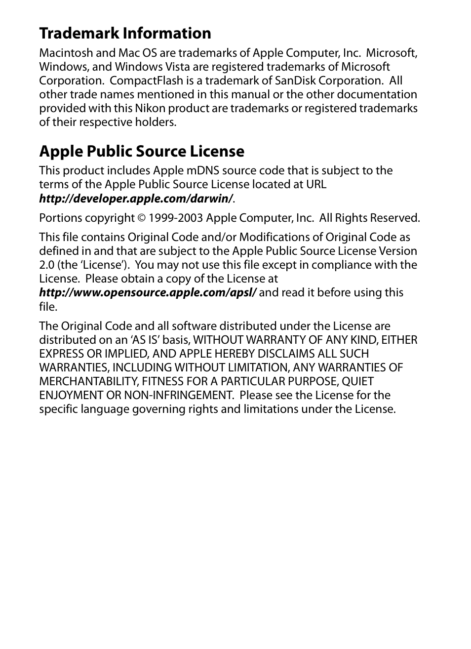 Trademark information, Apple public source license | Nikon WT-4A D4 D3X D3 D800 D700 D300S D300 User Manual | Page 2 / 199