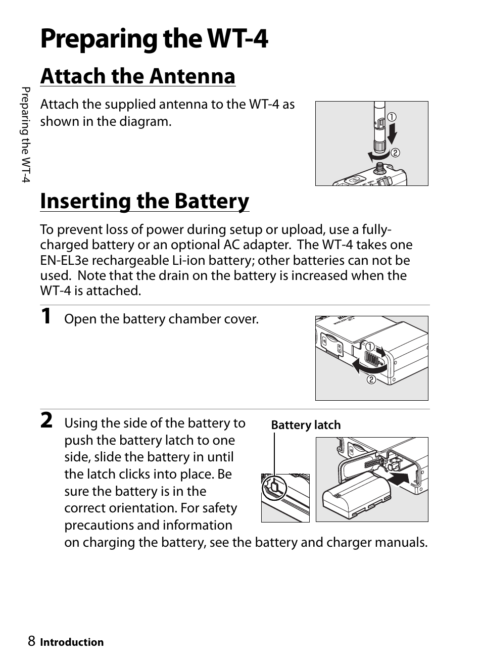 Preparing the wt-4, Attach the antenna, Inserting the battery | Nikon WT-4A D4 D3X D3 D800 D700 D300S D300 User Manual | Page 20 / 199