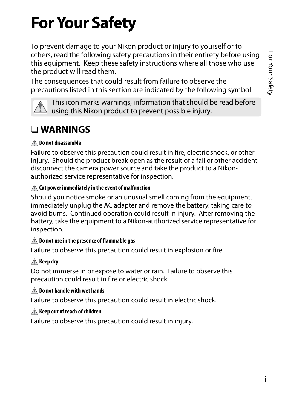For your safety, Warnings | Nikon WT-4A D4 D3X D3 D800 D700 D300S D300 User Manual | Page 3 / 199