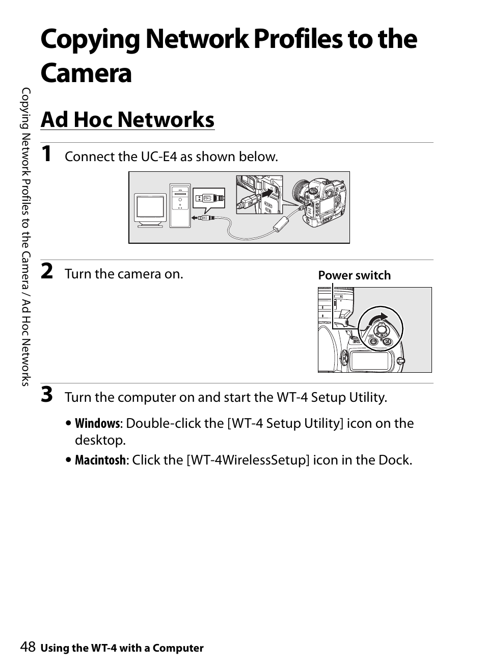 Copying network profiles to the camera, Ad hoc networks | Nikon WT-4A D4 D3X D3 D800 D700 D300S D300 User Manual | Page 60 / 199