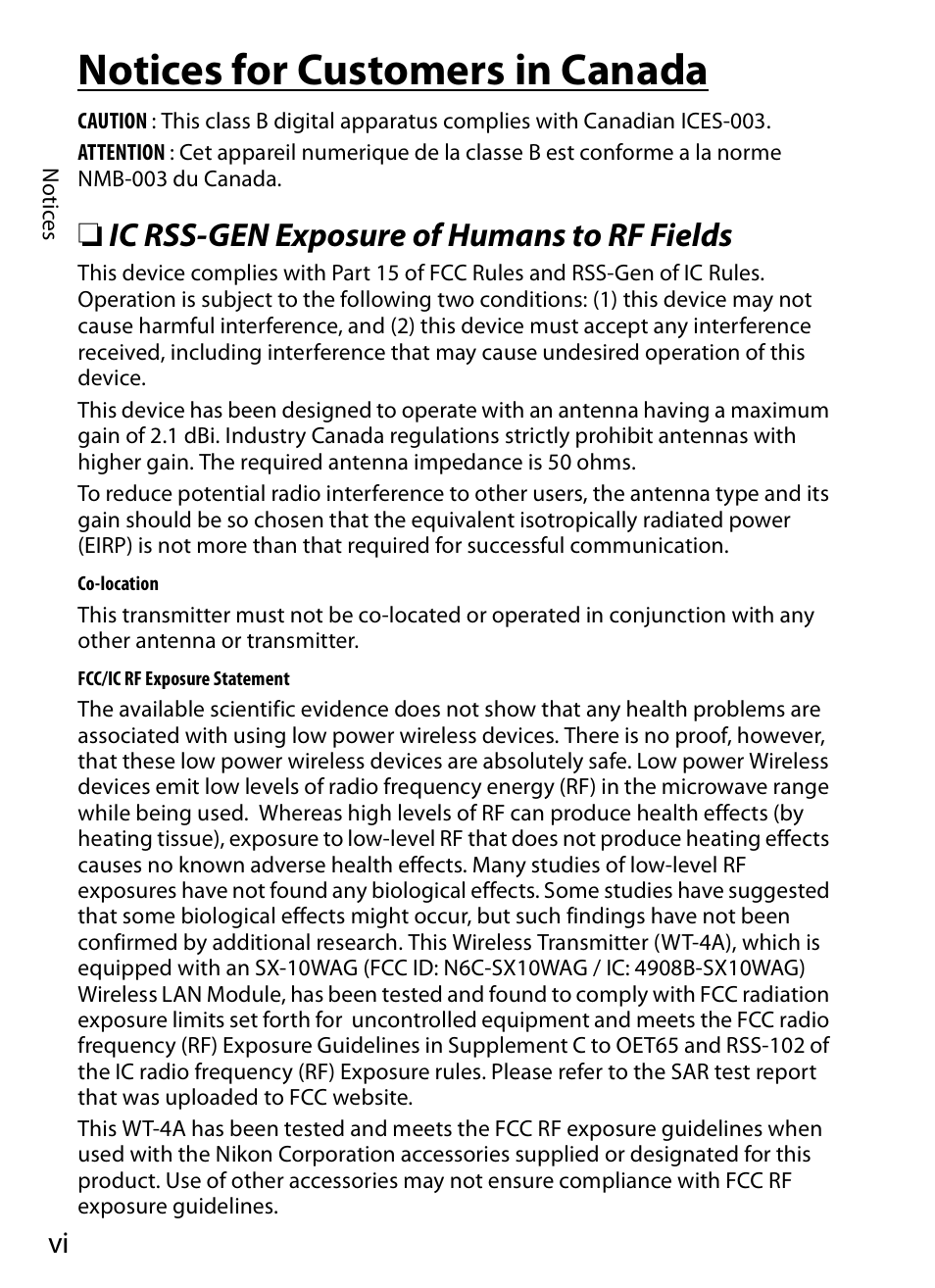 Notices for customers in canada, Ic rss-gen exposure of humans to rf fields | Nikon WT-4A D4 D3X D3 D800 D700 D300S D300 User Manual | Page 8 / 199