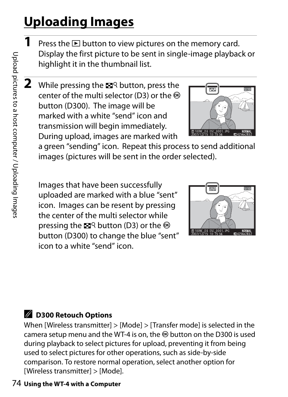 Uploading images | Nikon WT-4A D4 D3X D3 D800 D700 D300S D300 User Manual | Page 86 / 199