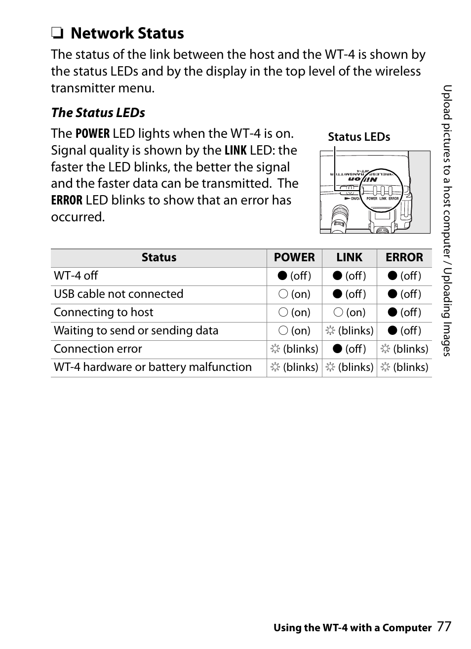 Network status | Nikon WT-4A D4 D3X D3 D800 D700 D300S D300 User Manual | Page 89 / 199