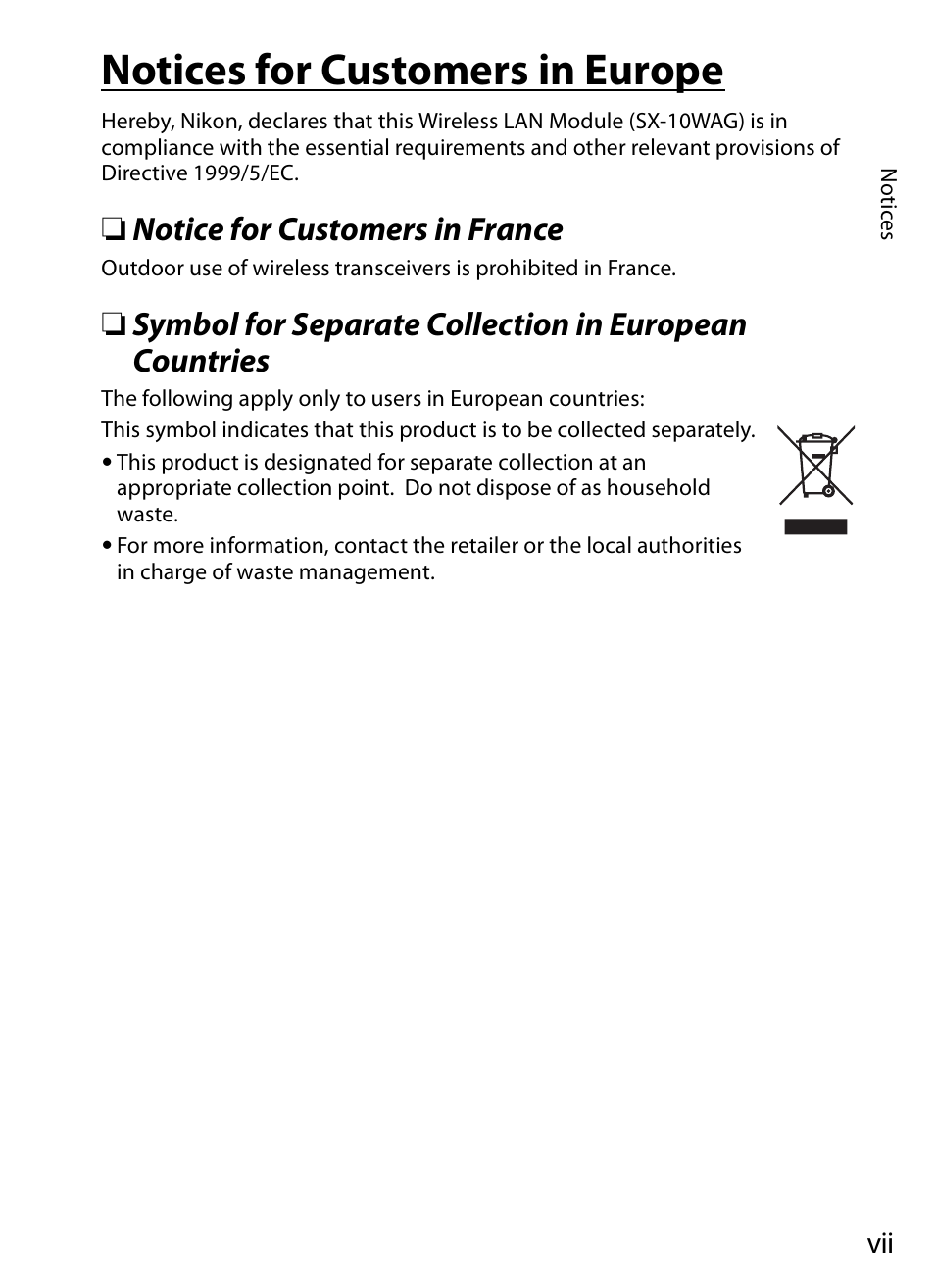 Notices for customers in europe, Notice for customers in france | Nikon WT-4A D4 D3X D3 D800 D700 D300S D300 User Manual | Page 9 / 199