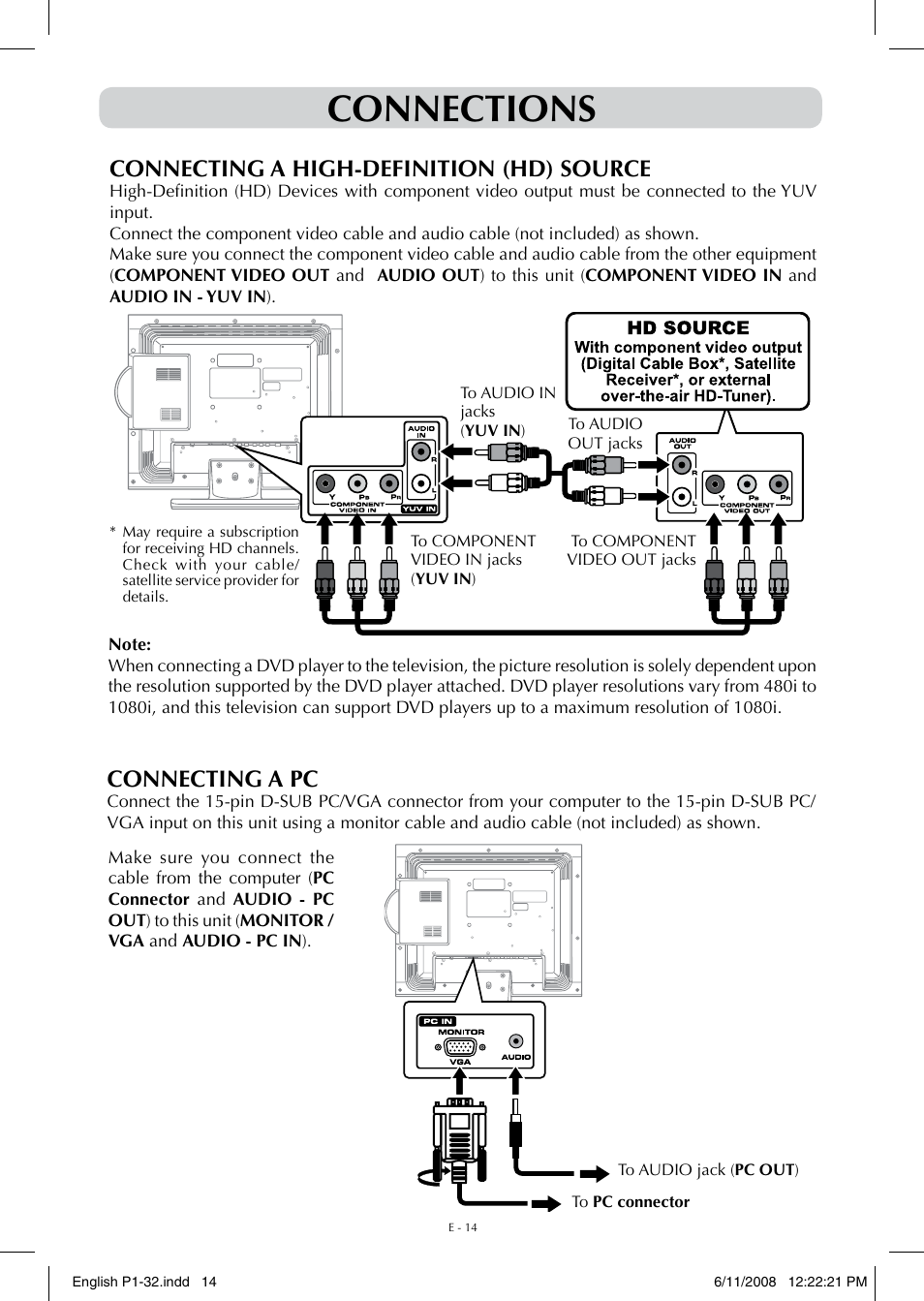 Connections, Connecting a pc, Connecting a high-definition (hd) source | Audiovox FPE-1908DV User Manual | Page 14 / 32