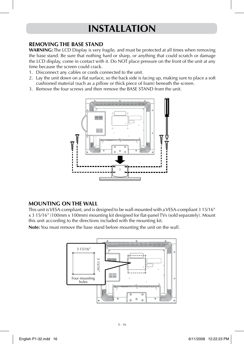 Installation | Audiovox FPE-1908DV User Manual | Page 16 / 32