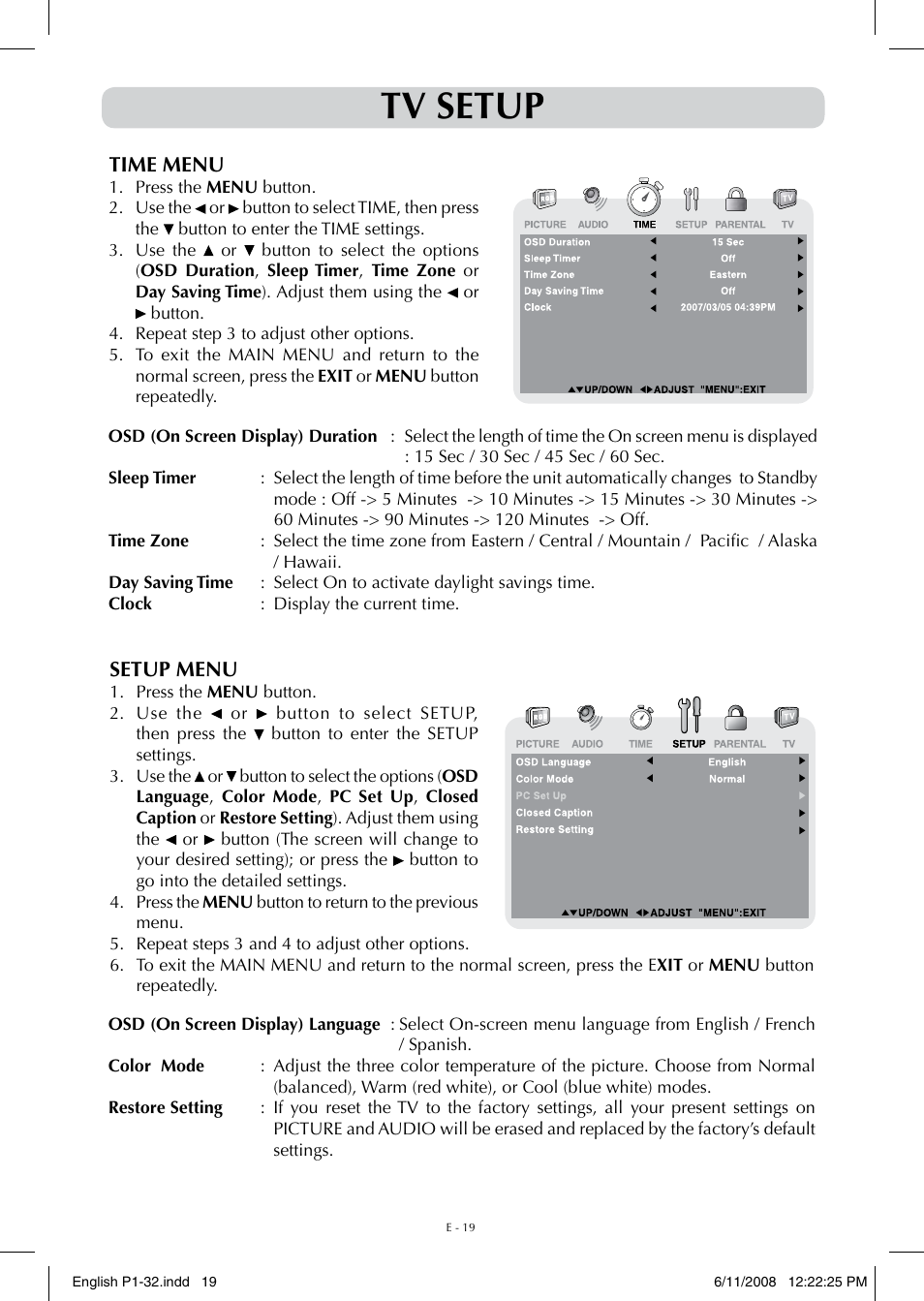 Tv setup | Audiovox FPE-1908DV User Manual | Page 19 / 32