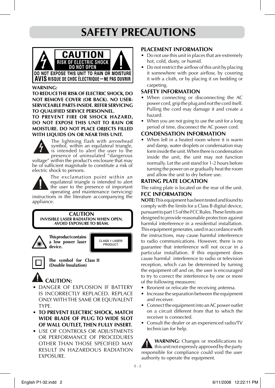 Safety precautions | Audiovox FPE-1908DV User Manual | Page 2 / 32