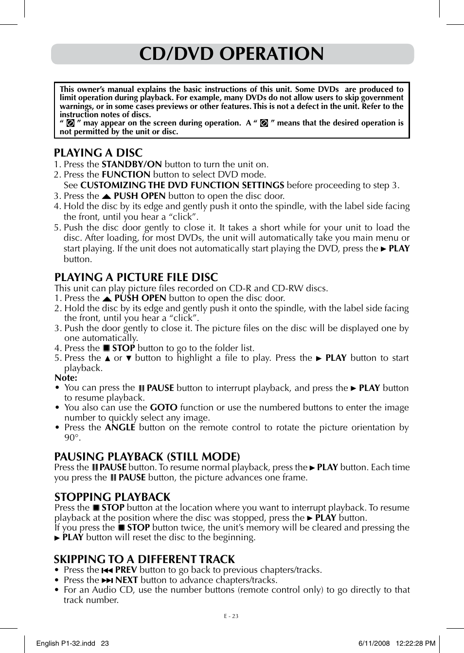 Cd/dvd operation, Playing a disc, Playing a picture file disc | Pausing playback (still mode), Skipping to a different track, Stopping playback | Audiovox FPE-1908DV User Manual | Page 23 / 32