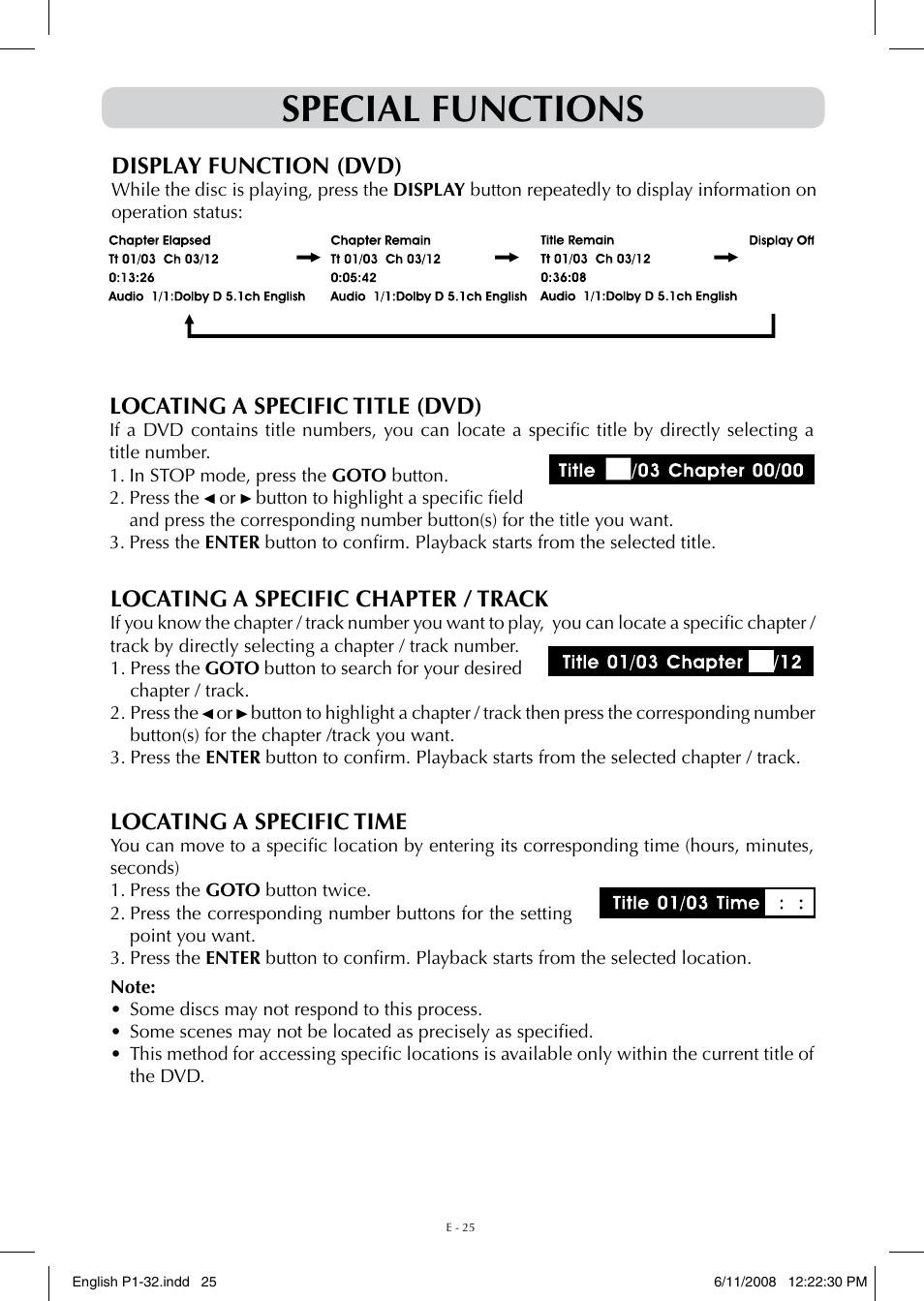 Special functions, Display function (dvd), Locating a specific chapter / track | Locating a specific title (dvd), Locating a specific time | Audiovox FPE-1908DV User Manual | Page 25 / 32