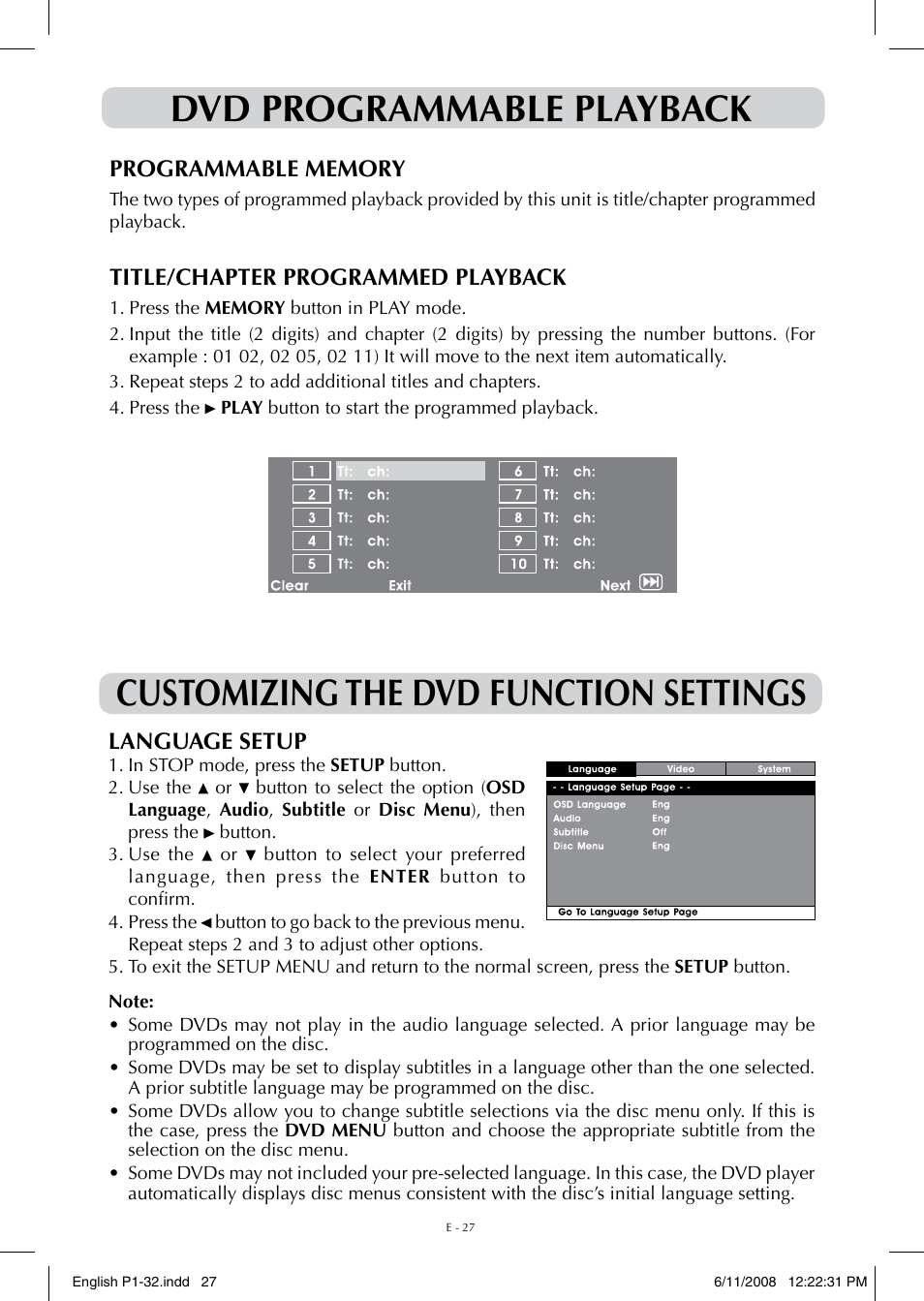 Dvd programmable playback, Customizing the dvd function settings, Title/chapter programmed playback | Language setup | Audiovox FPE-1908DV User Manual | Page 27 / 32