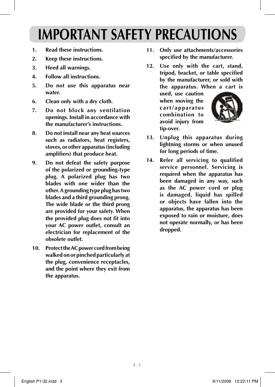 Important safety precautions | Audiovox FPE-1908DV User Manual | Page 3 / 32