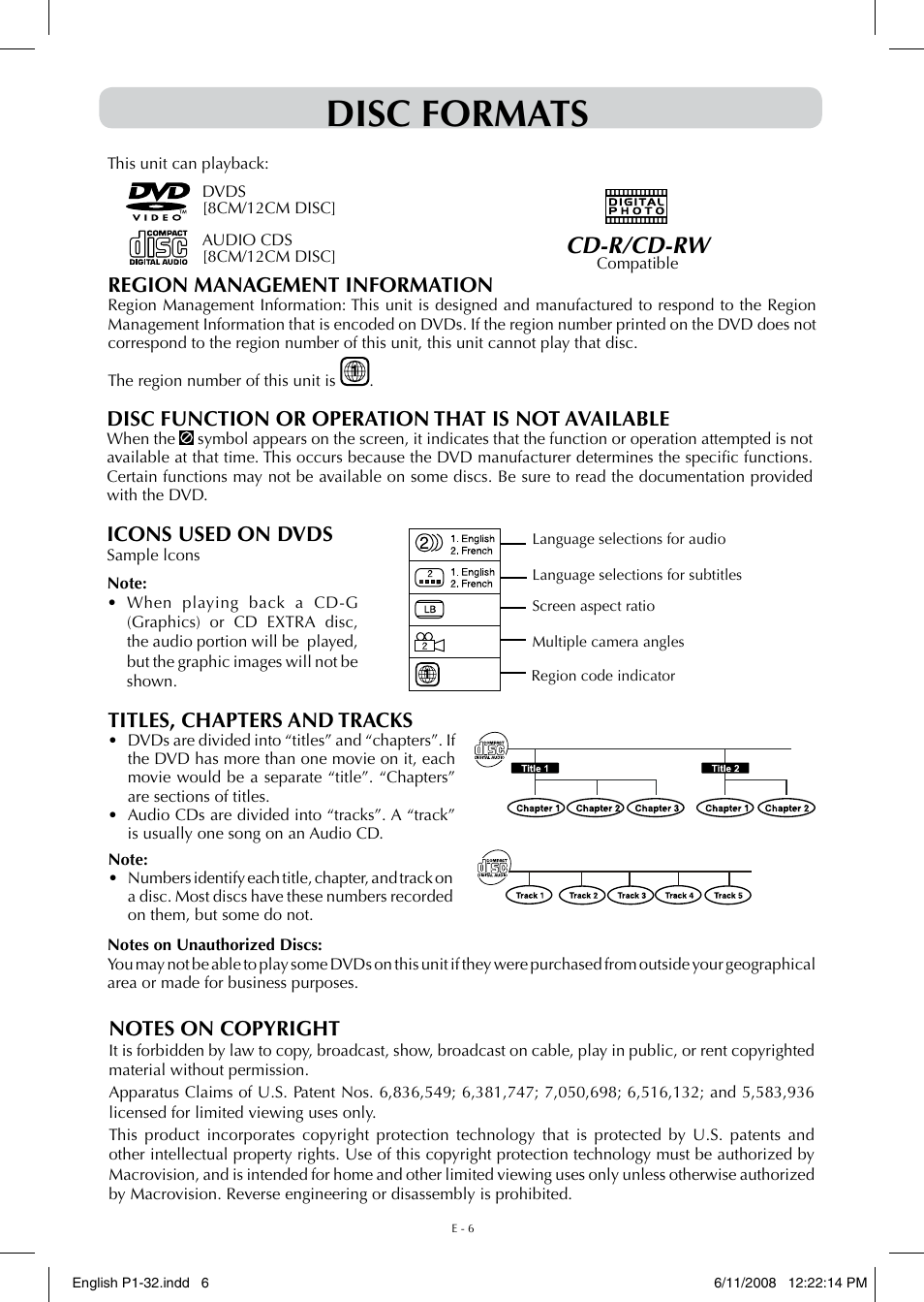 Disc formats, Cd-r/cd-rw, Icons used on dvds | Region management information, Disc function or operation that is not available, Titles, chapters and tracks | Audiovox FPE-1908DV User Manual | Page 6 / 32