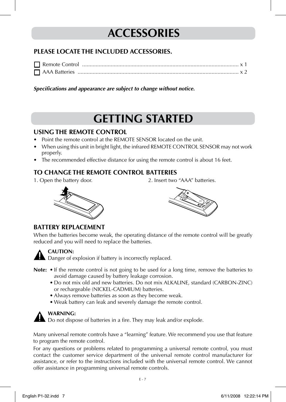 Accessories, Getting started | Audiovox FPE-1908DV User Manual | Page 7 / 32
