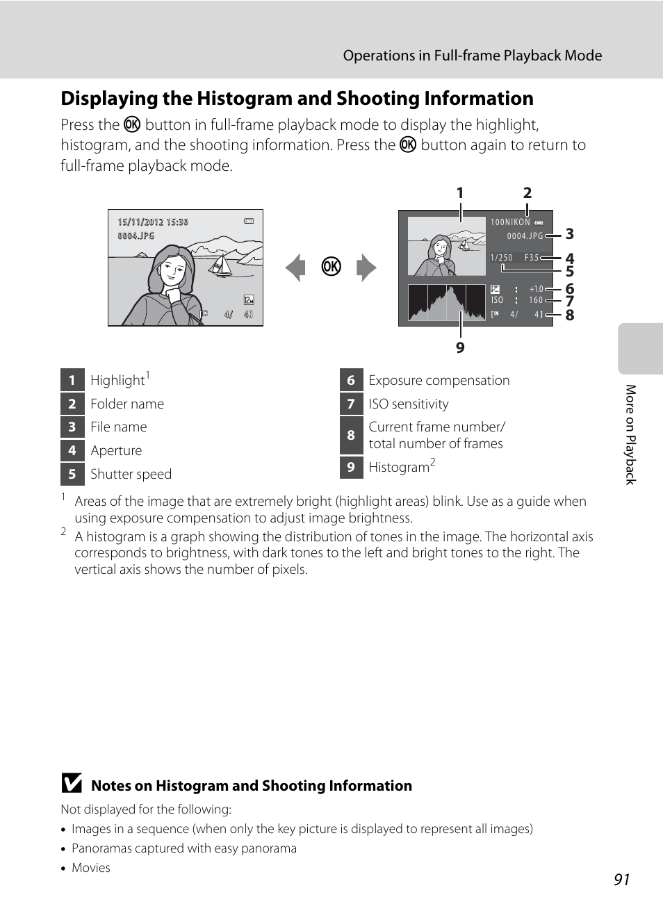 Displaying the histogram and shooting information, A 91) | Nikon S9050 User Manual | Page 103 / 232